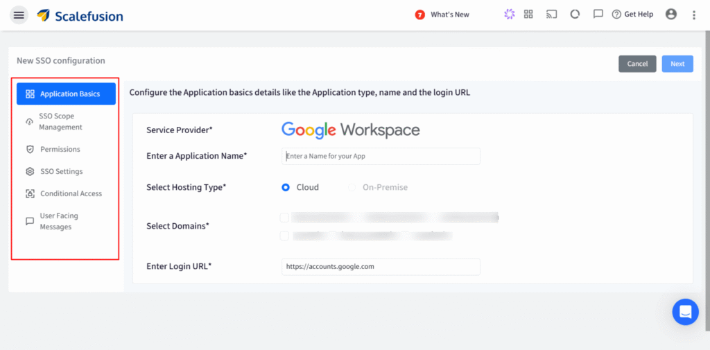 Neuer SSO-Konfigurationsbildschirm: Linke Seitenleiste mit hervorgehobenem Menüpunkt „Anwendungsgrundlagen“; Hauptfenster mit Google Workspace-Formular und Feldern für Dienstanbieter, App-Name, Hosting-Typ (Cloud ausgewählt), Domains und Anmelde-URL (https://accounts.google.com).