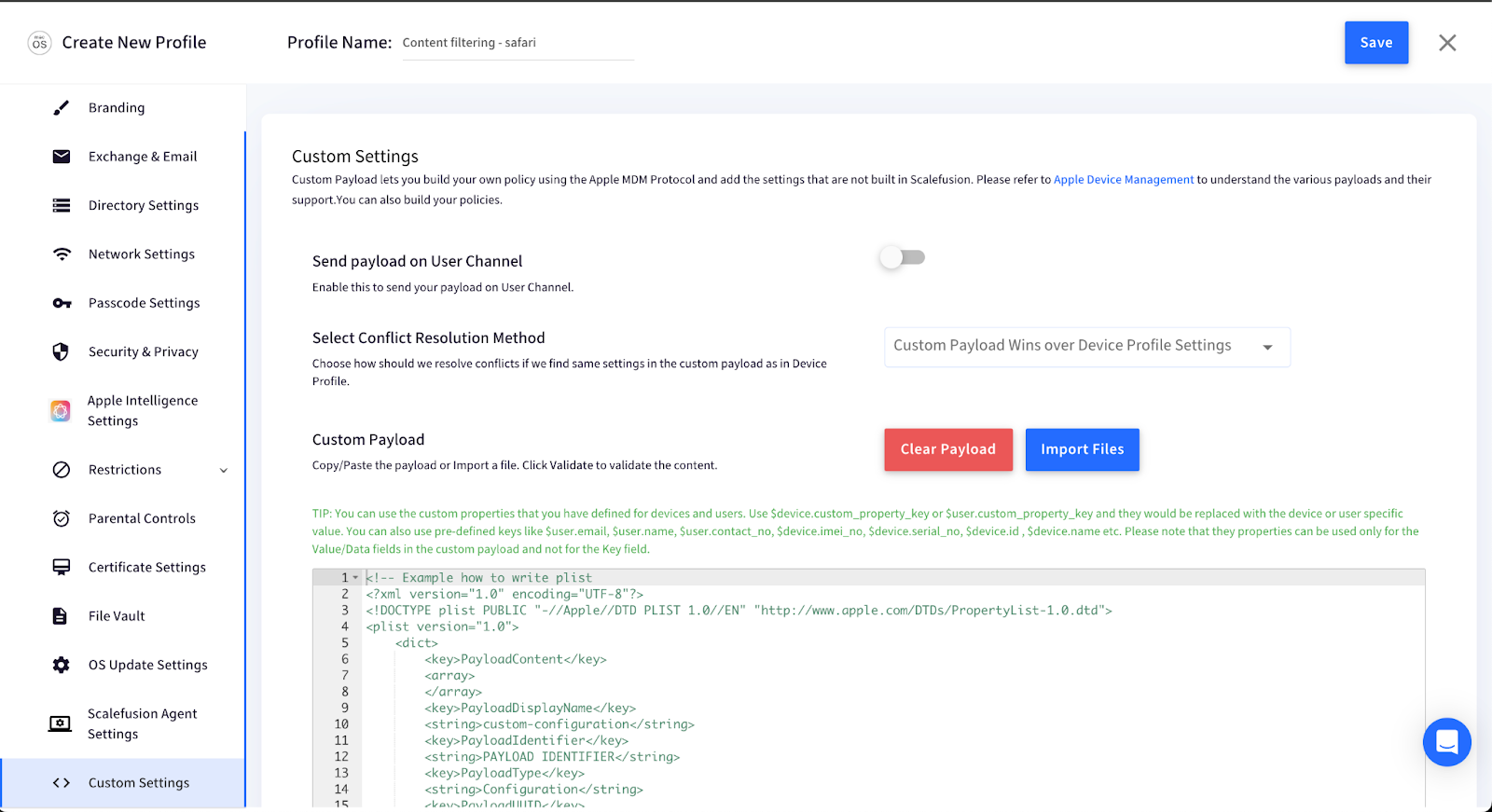 custom payload under custom settings for blocking websites on safari