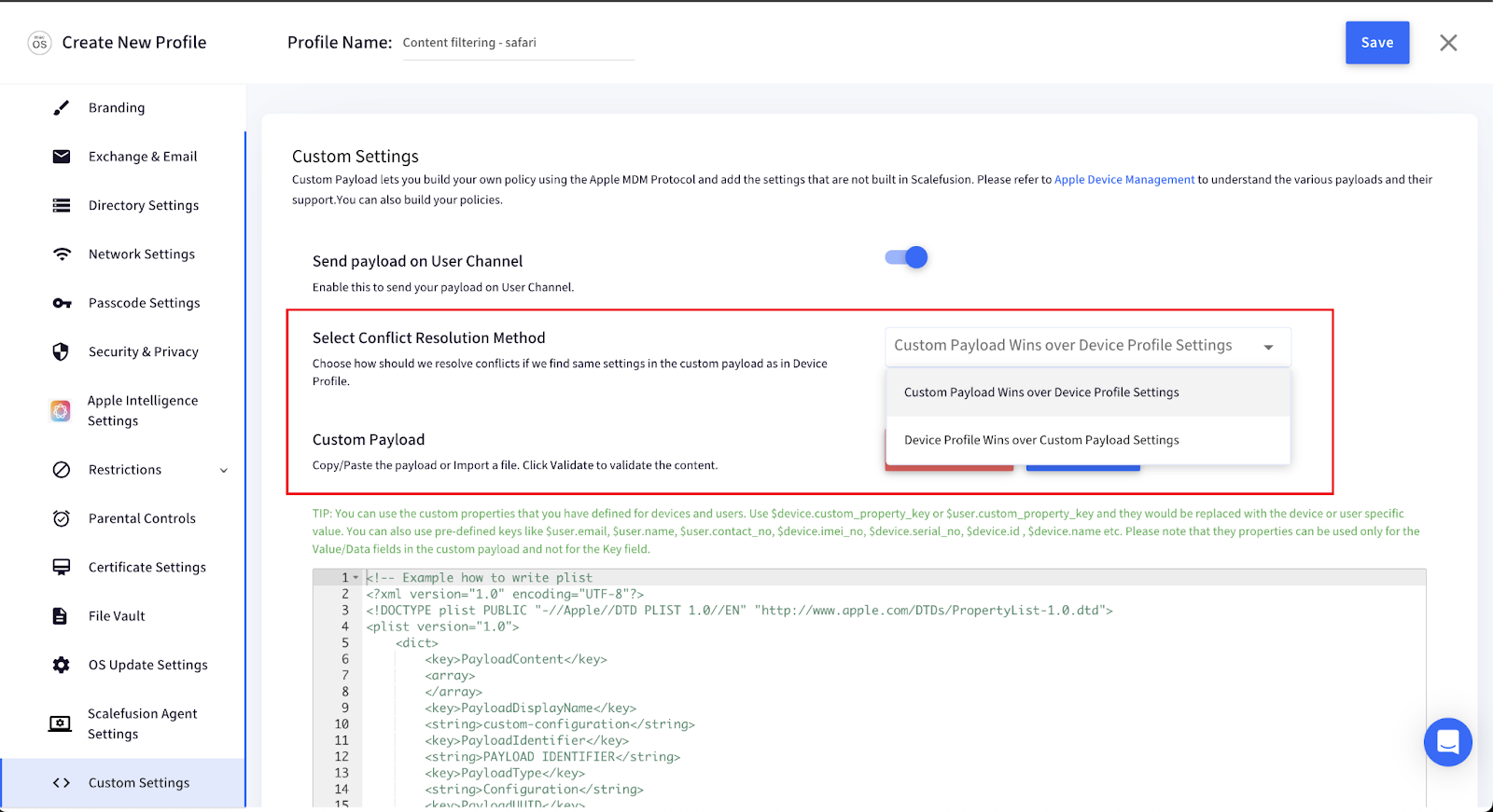 choose custom payload to block websites on safari