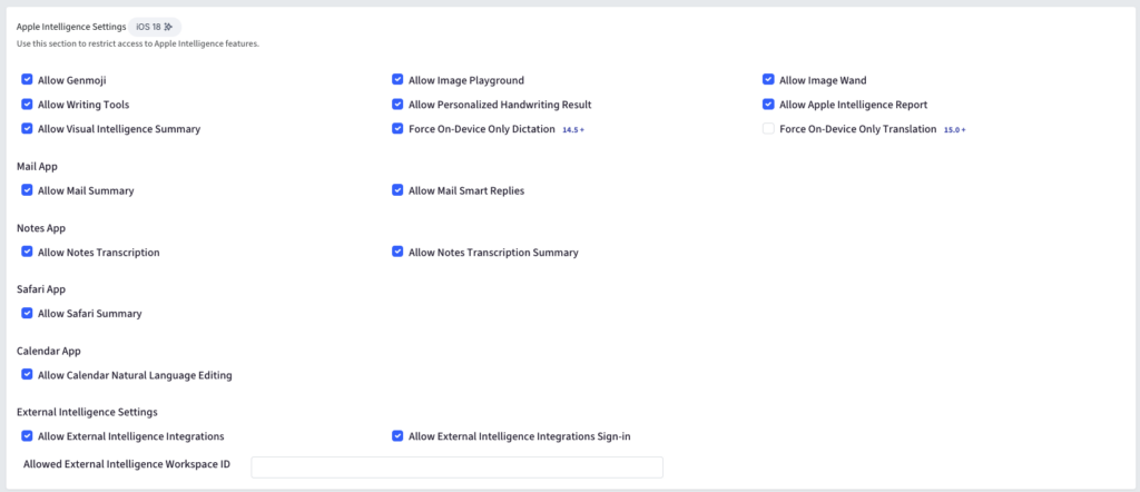 Screenshot of Apple Intelligence Settings: a panel with multiple grouped toggles for enabled features (Genmoji, Image Playground, Image Wand, Writing Tools, Personalized Handwriting Result, Apple Intelligence Report, On-Device Dictation, Translation), plus Mail, Notes, Safari, Calendar, and External Intelligence Integrations with a workspace ID field.