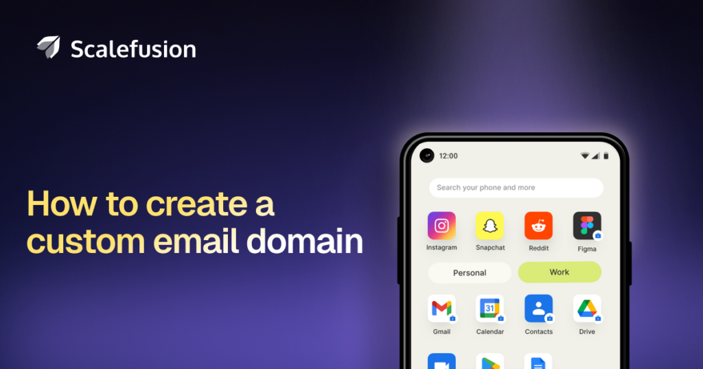Scalefusion-varumärke med en stor rubrik om att skapa en anpassad e-postdomän; en smartphone-mockup på höger sida.