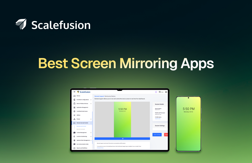 Scalefusion branding with the title 'Best Screen Mirroring Apps' over a gradient background, showing a tablet and a smartphone displaying a mirrored screen.