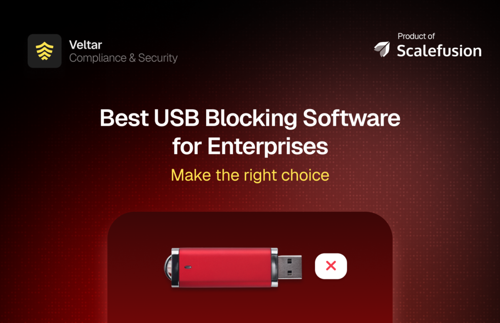 Hero banner announcing 'Best USB Blocking Software for Enterprises' by Veltar; product branding and USB drive image below.