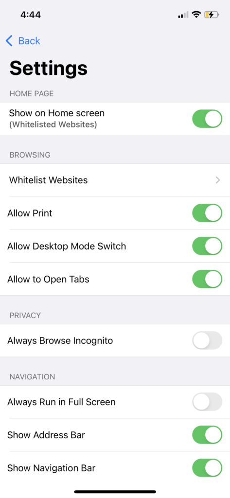 Whitelist website settings of ProSurf browser