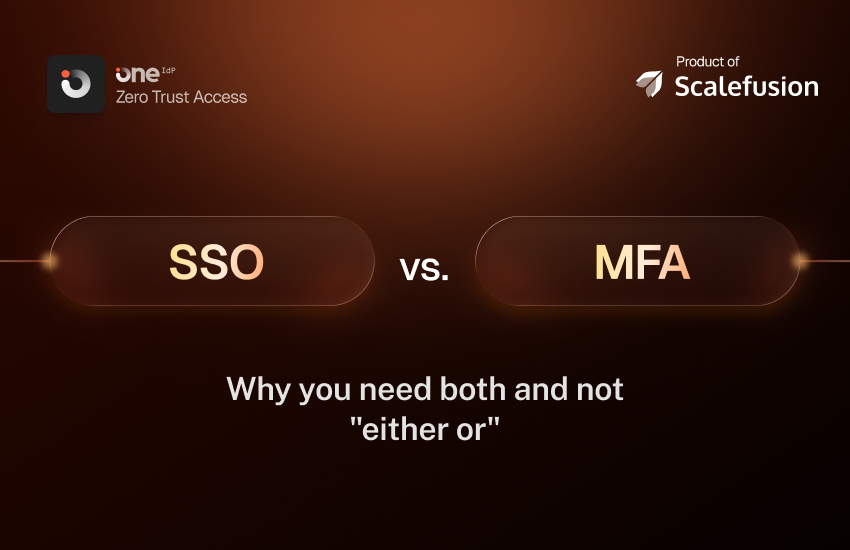 Comparação entre SSO e MFA em um banner com gradiente escuro e a legenda "Por que você precisa de ambos e não de 'um ou outro'".