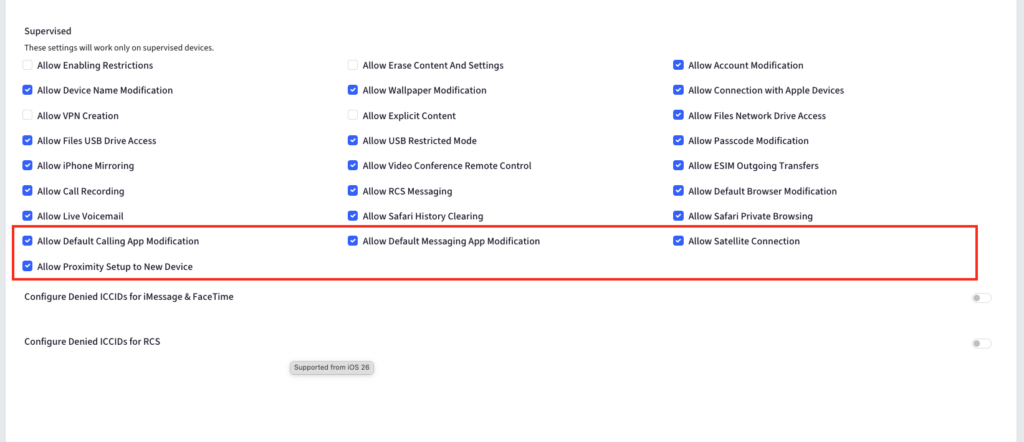 Supervised device settings screen with many toggles; the highlighted row enables default calling and messaging app modification, plus proximity setup to a new device.