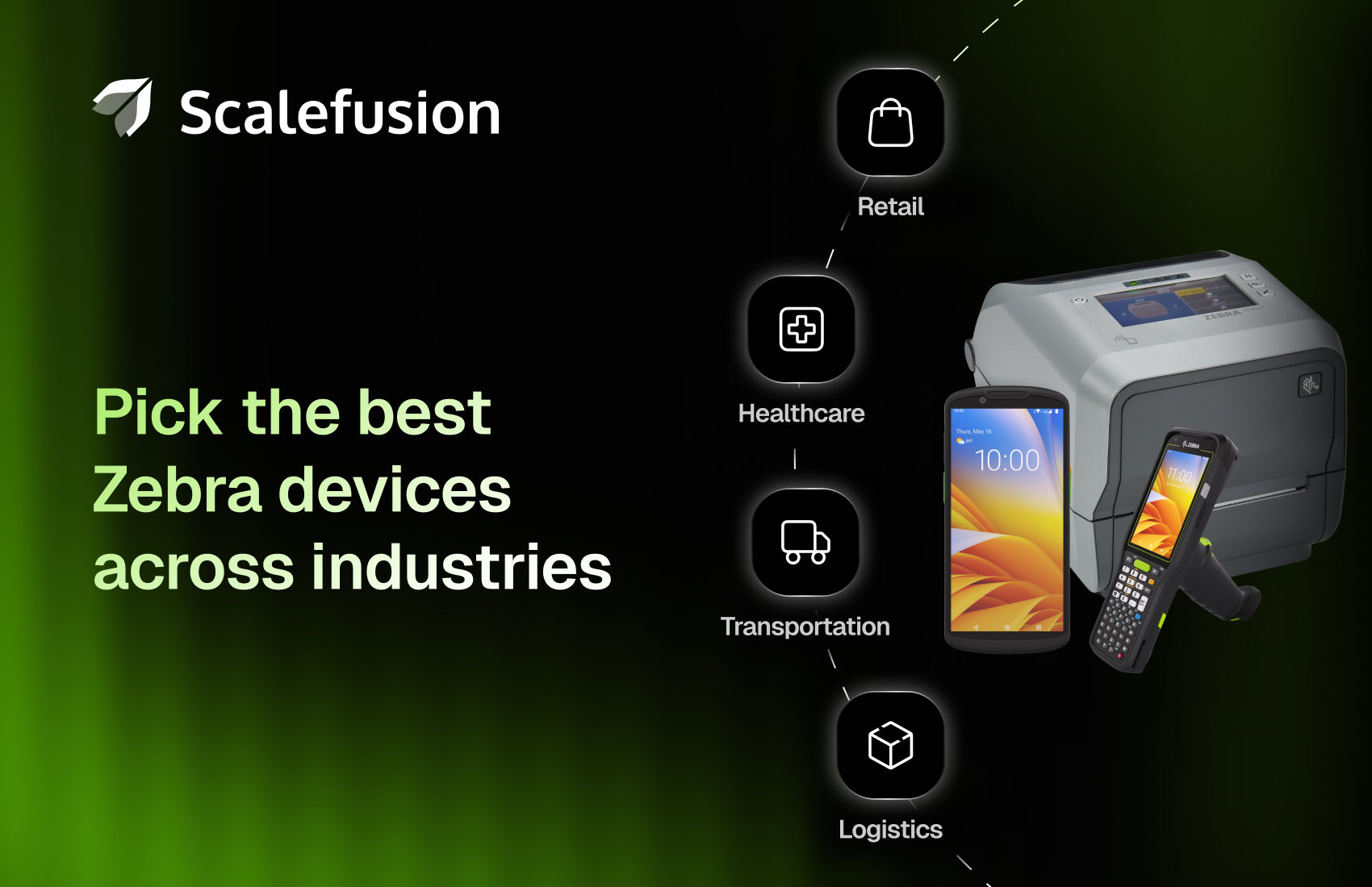 Scalefusion banner with the slogan ‘Pick the best Zebra devices across industries’ and a vertical flow of industry icons (Retail, Healthcare, Transportation, Logistics) by Zebra devices and a printer, on a dark gradient background.