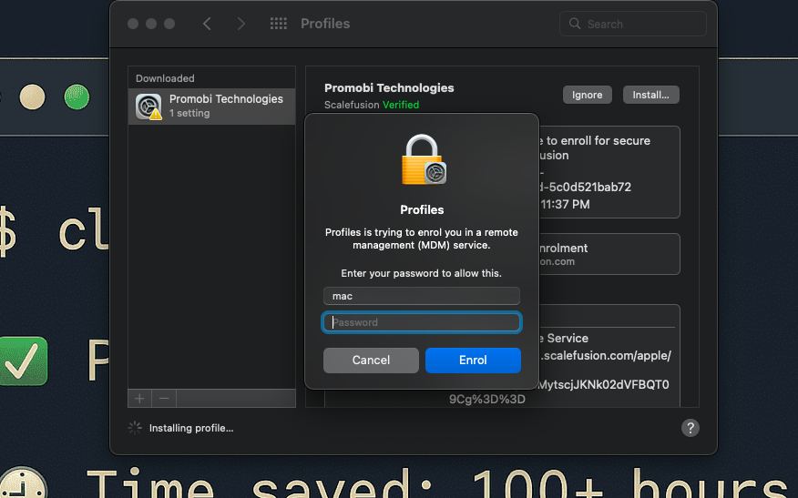 enter admin credentials to intall profile in corporate owned macOS device