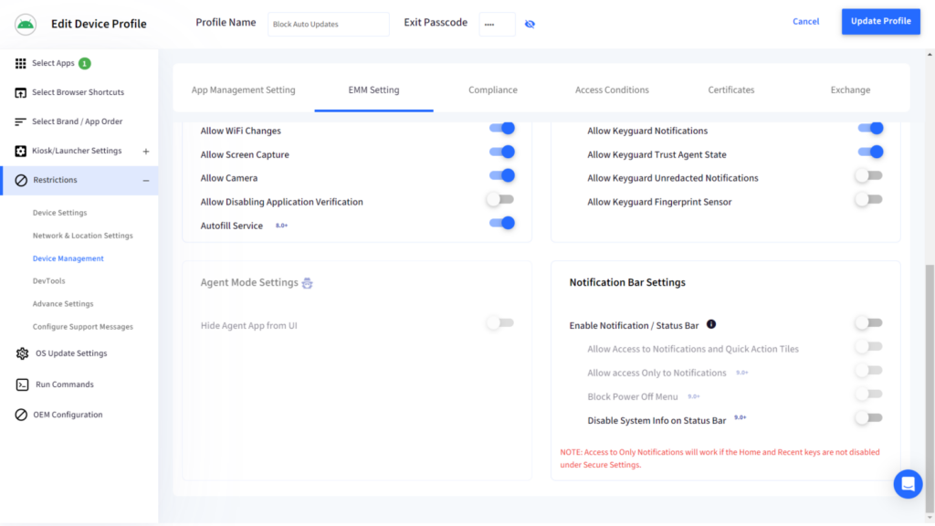 User interface for editing a device profile, showing app management and EMM settings with toggle switches on/off