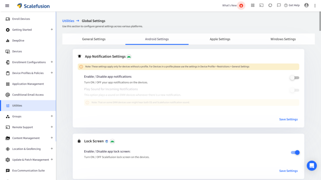 ScaleFusion admin: left navigation menu with Utilities selected, center shows Global Settings page with App Notification Settings panel and toggle switches