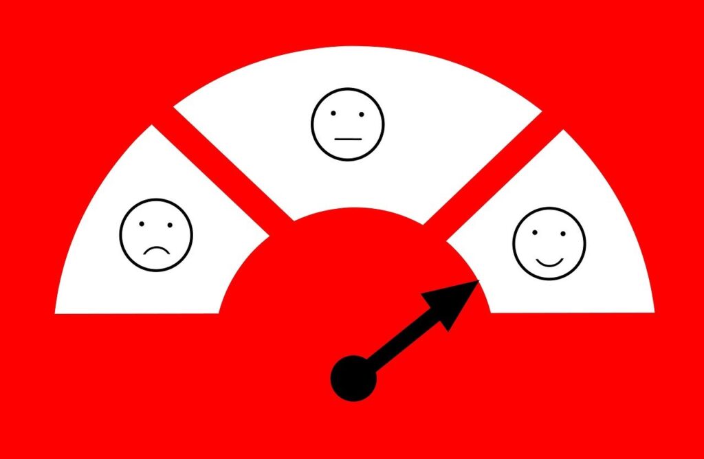 Tevredenheidsmeter met drie gezichten (van verdrietig tot blij) en een pijl die naar het blije uiteinde wijst, op een rode achtergrond.