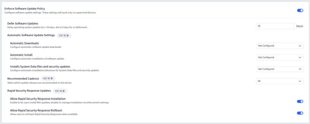 Enforce Software Update Policy settings panel with toggles and dropdowns for defer, automatic downloads, installs, and security updates on supervised devices (30 days).