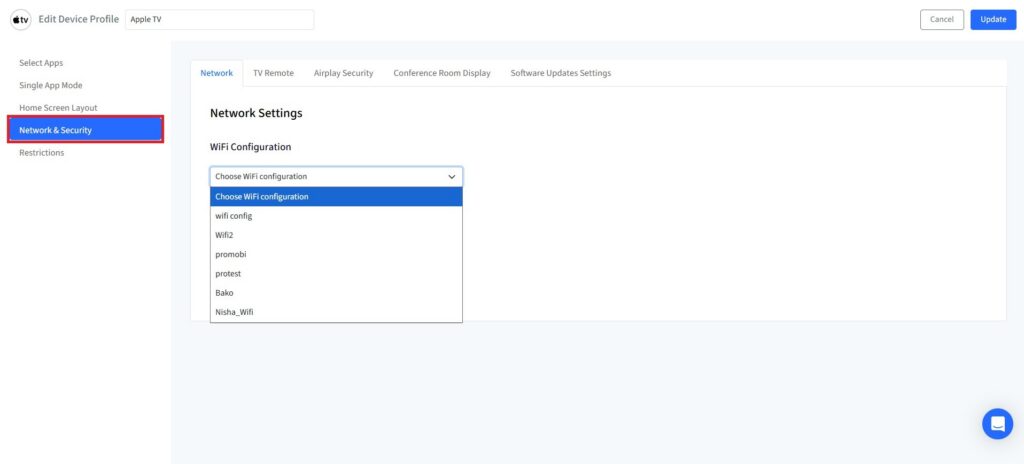 Impostazioni della scheda Rete della modalità kiosk di Apple TV