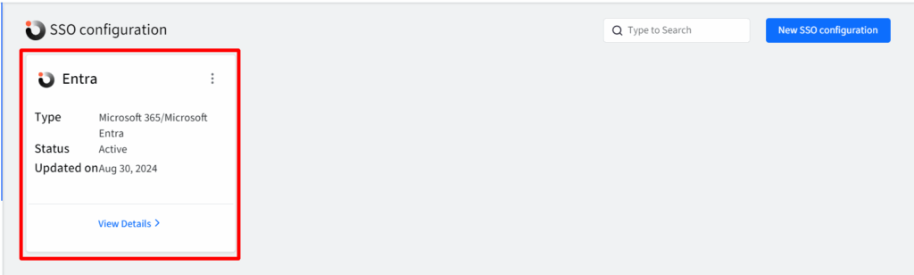 Entra SSO: SSO Configuration page