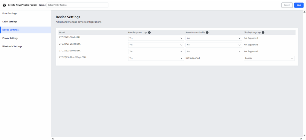 Zebra-Druckergeräteeinstellungen