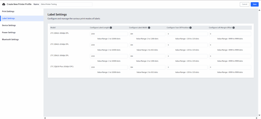 Etiketteneinstellungen für Zebra-Drucker