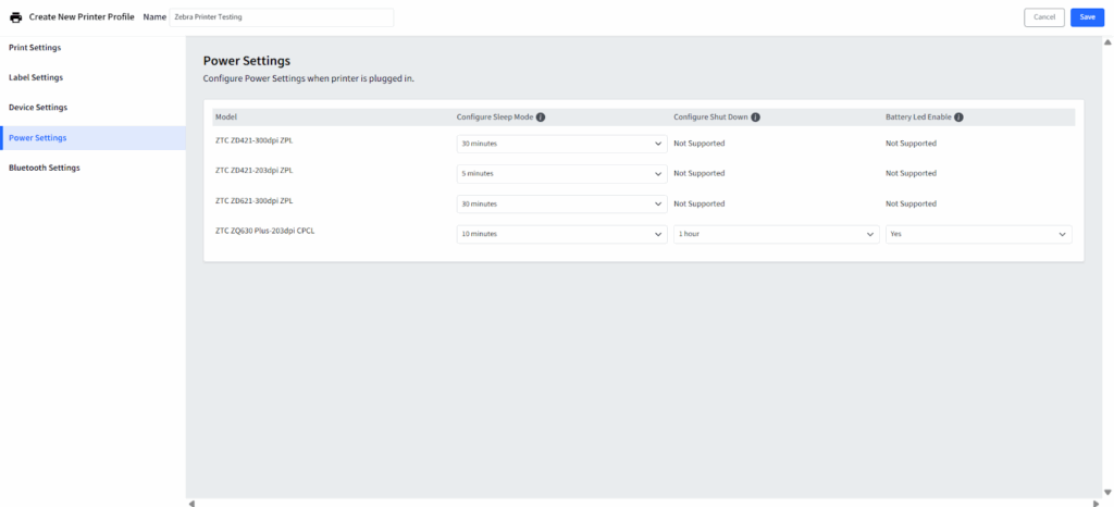 Zebra-Drucker-Energieeinstellungen