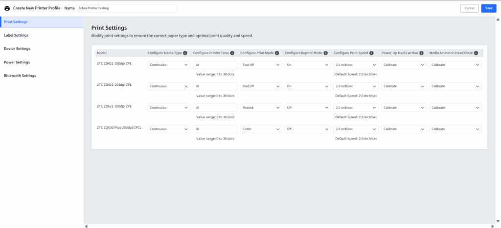 Zebra-Druckereinstellungen