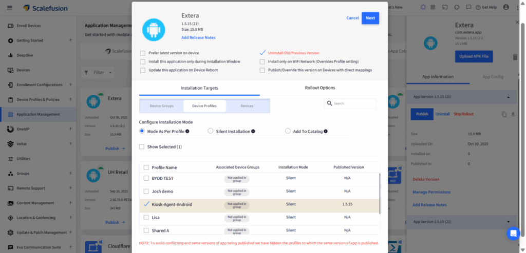 downgrade apps on Android - publish older version on profile
