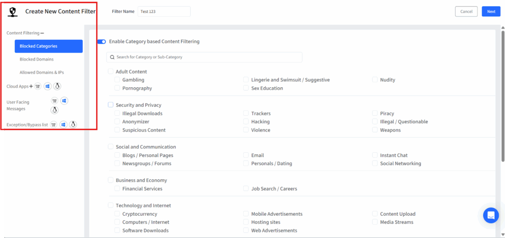 select blocked category for block gambling websites