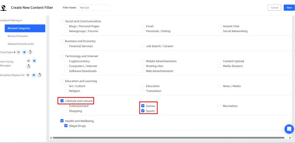 Block games category on Veltar dashboard