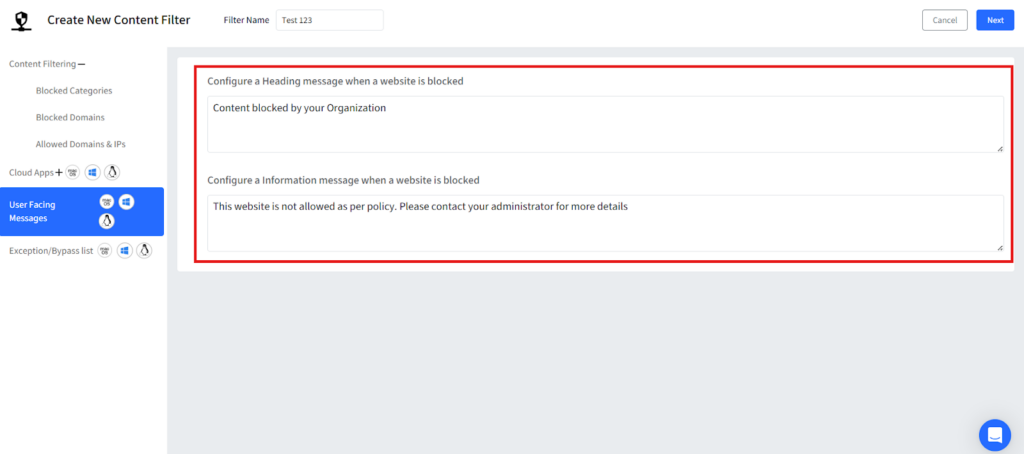 set user facing message for blocking gaming sites 