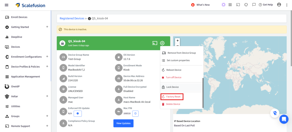 Factory reset the device from dashboard