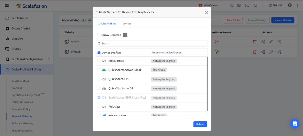 Sélectionnez le groupe de périphériques pour la publication