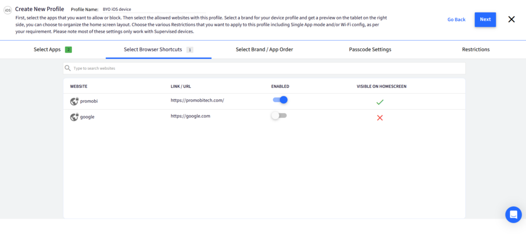 Choose browser shortcuts for iOS BYOD device