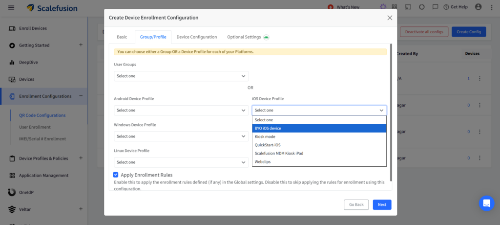 Selecting iOS BYO device profile