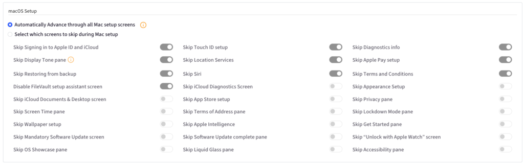 macOS Setup: option to automatically advance through all setup screens is selected, with various steps available to skip.