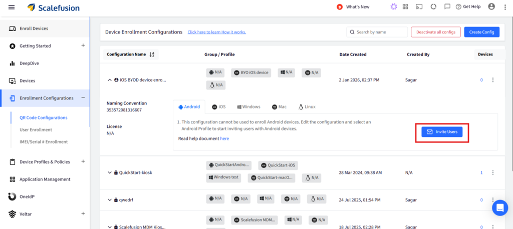 invite users via enrollment configurations