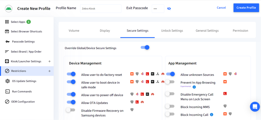 Configure settings for kiosk mode on Zebra