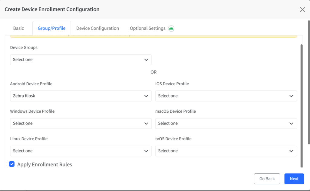 Device Enrollment Configuration for Zebra Kiosk Mode