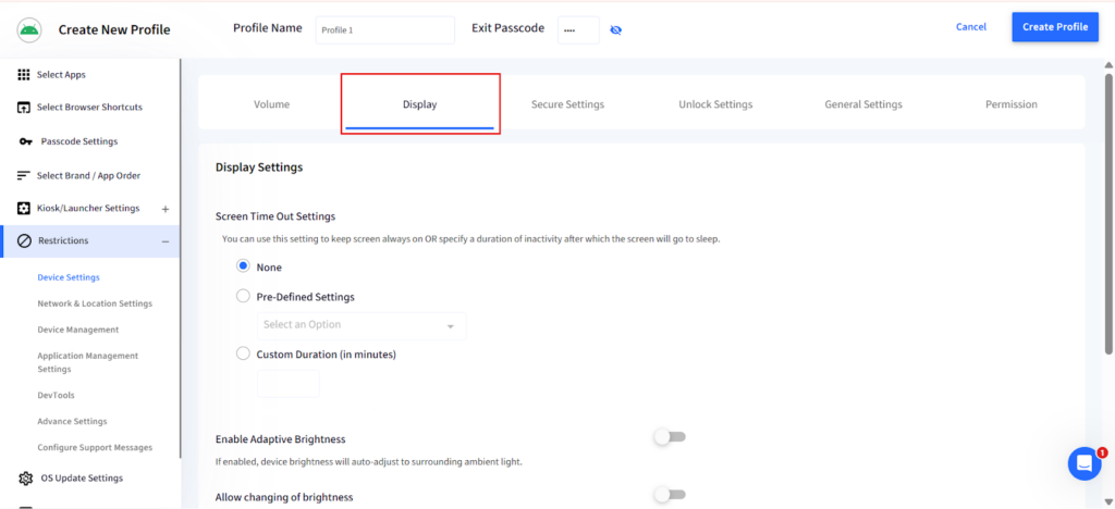 Selecting Display settings within the Scalefusion profile editor.