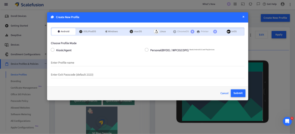 Selecting "Create New Profile" to manage Android device settings.