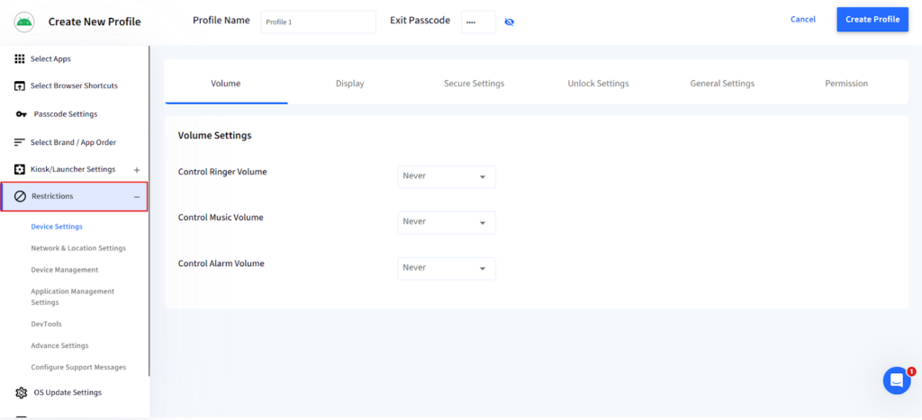 Accessing the Restrictions tab for Android MDM control.