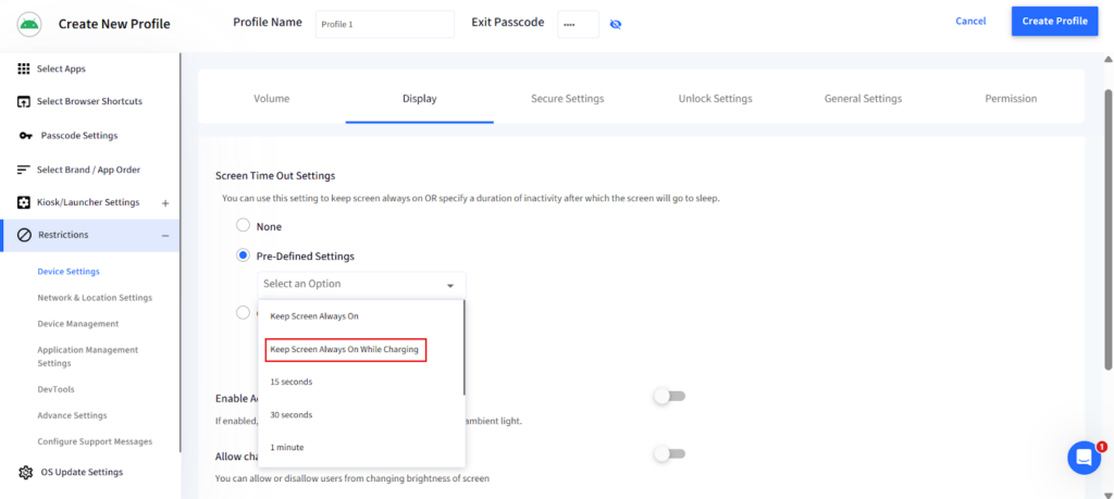 Configuring Android display persistence and "Keep Screen Always On" in Scalefusion.