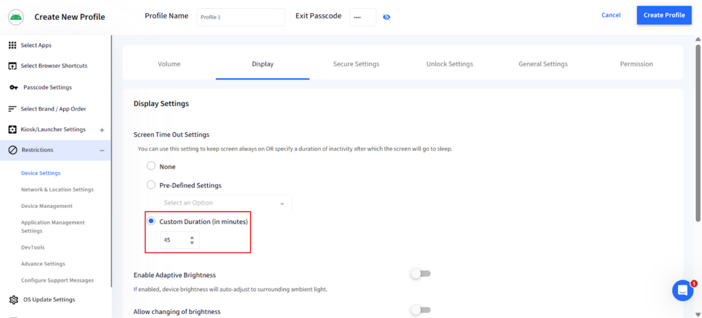 Setting custom duration for Android display in the Scalefusion UEM profile editor.