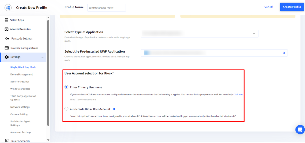 Kiosk User Account options in a Windows Create New Profile screen: Enter Primary Username selected and Autocreate Kiosk User Account below (red border).