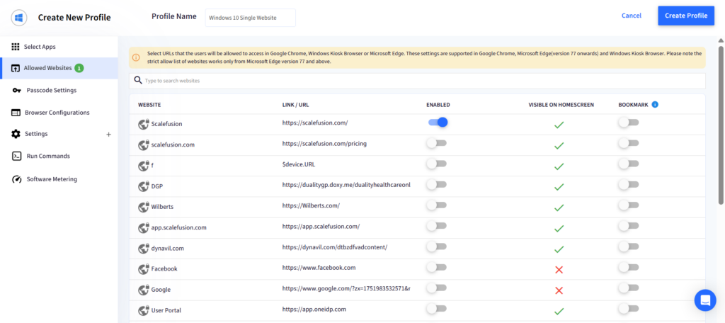Settings page for creating a new profile; left navigation and a table of allowed websites with Enable toggles, showing ScaleFusion enabled and others disabled.