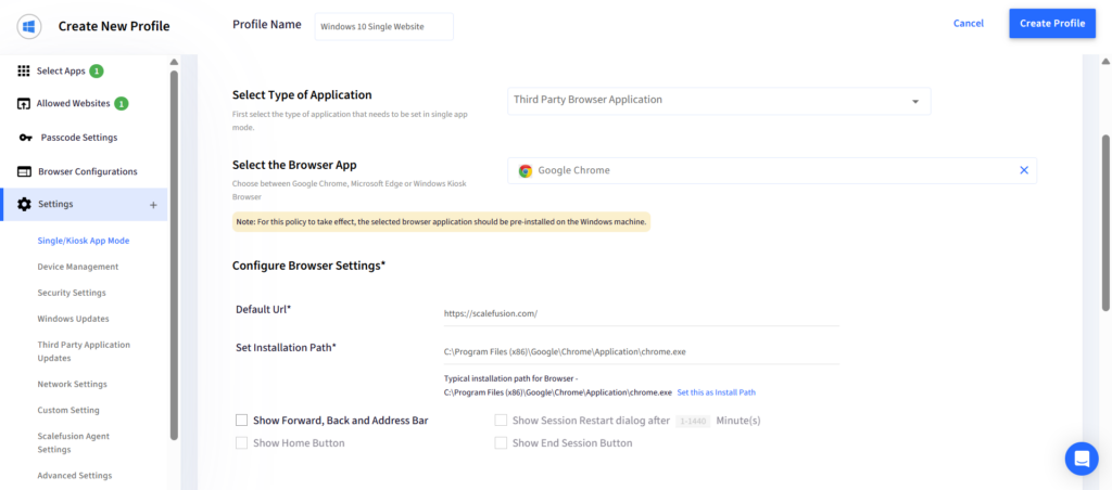 Profile creation screen: selecting application type and browser app with a left navigation pane and Create Profile button at top-right