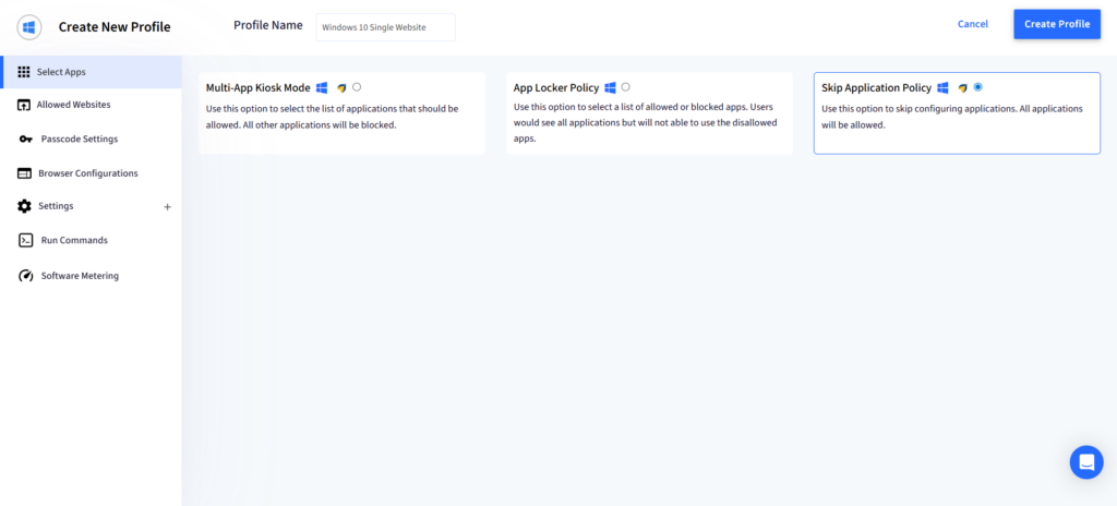 Create New Profile page with left navigation and three policy options: Multi-App Kiosk Mode, App Locker Policy, and Skip Application Policy.