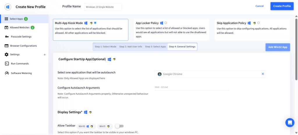 Screenshot of a 'Create New Profile' wizard showing tabs for Select Apps, Allowed Websites, Passcode Settings, and a right-side 'Add Win32 App' button.