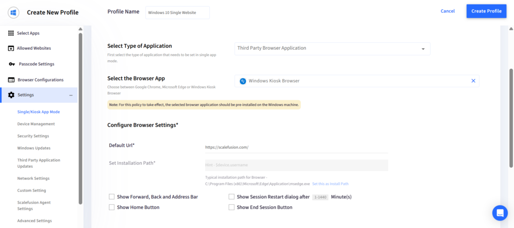 Create New Profile page with left Settings menu and right form to configure a browser kiosk app (third-party browser).