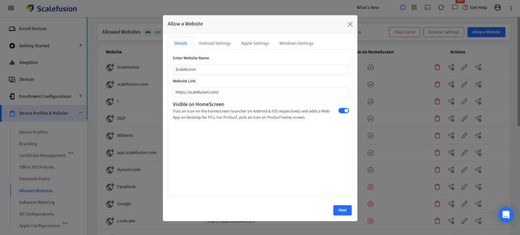 Modal dialog 'Allow a Website' with fields for site name and URL; HomeScreen visibility toggled on; example values shown (Scalefusion, scalefusion.com).