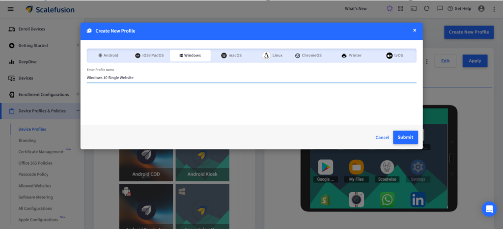 Modal titled 'Create New Profile' with platform tabs (Android, iOS, Windows, macOS, Linux, ChromeOS) and a text field containing 'Windows 10 Single Website'