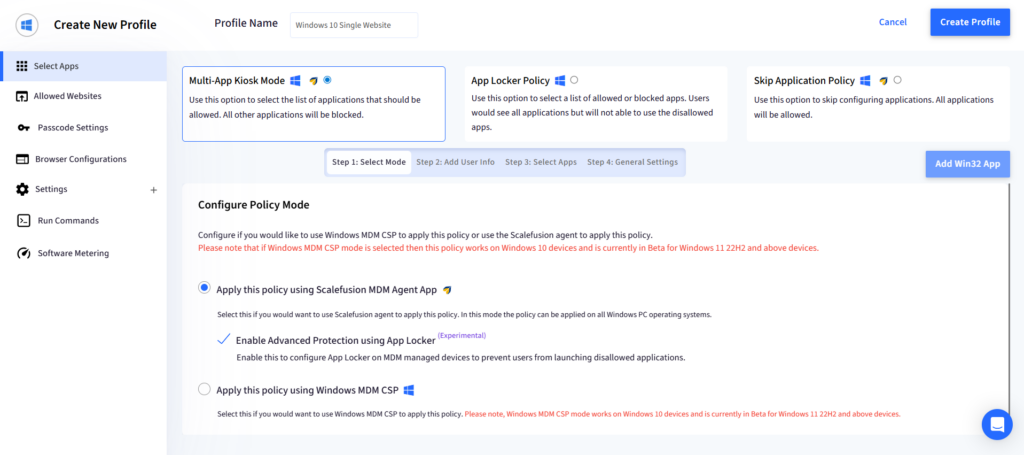Create New Profile wizard: left navigation, top header, profile name field, and three policy mode cards with Multi-App Kiosk Mode highlighted.