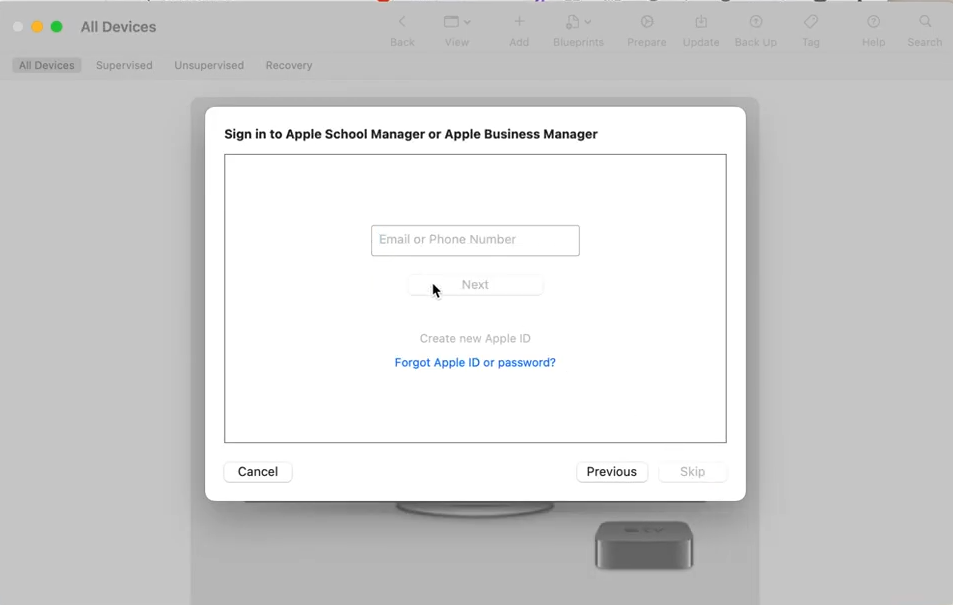 apple tv mdm enrollment:: sign in to ASM or apple business