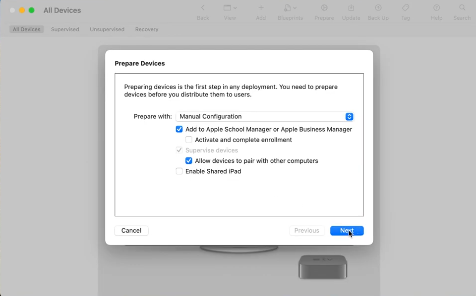apple tv mdm enrollment:: device pairing